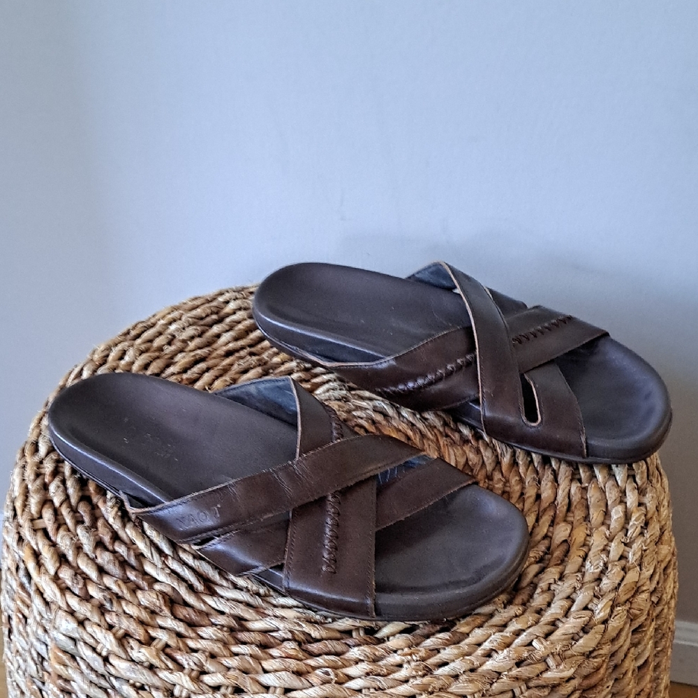 Naot Mens Anegada Pecan Brown Leather Woven Strap Casual Slide Sandals EU44/US11